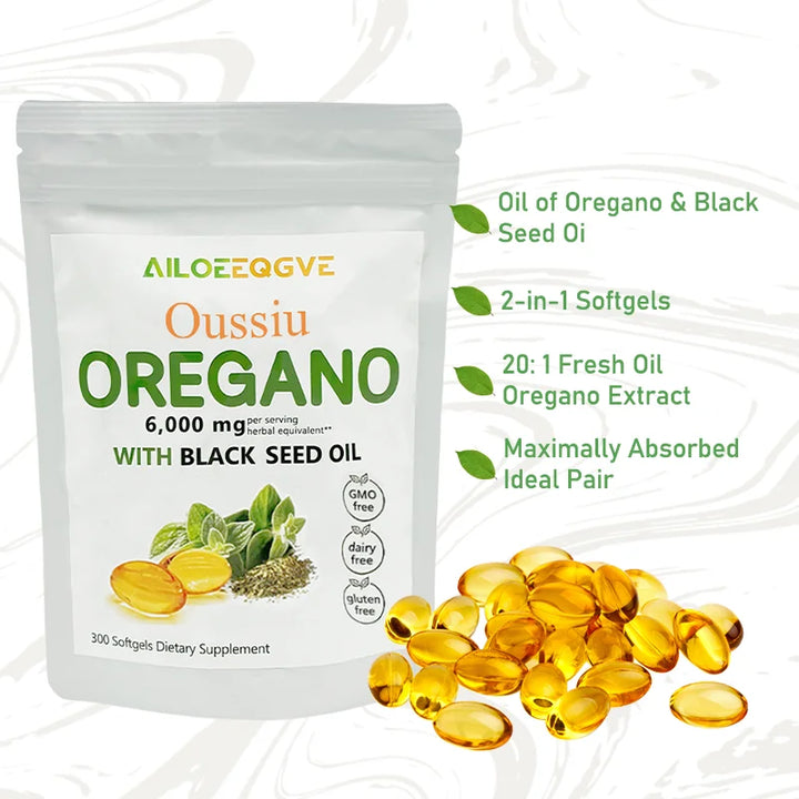Oussiu Oil of Oregano Softgels 6000mg – 2-in-1 Immunity Support with Black Seed Oil, 300 Count