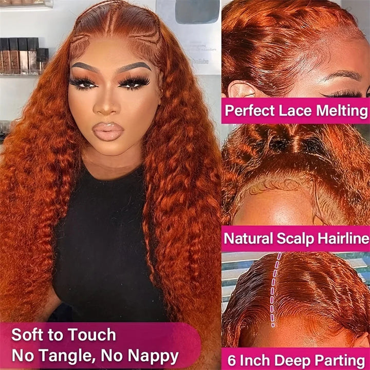 Ginger Orange Curly HD Lace Wig – 26” Voluminous Human Hair