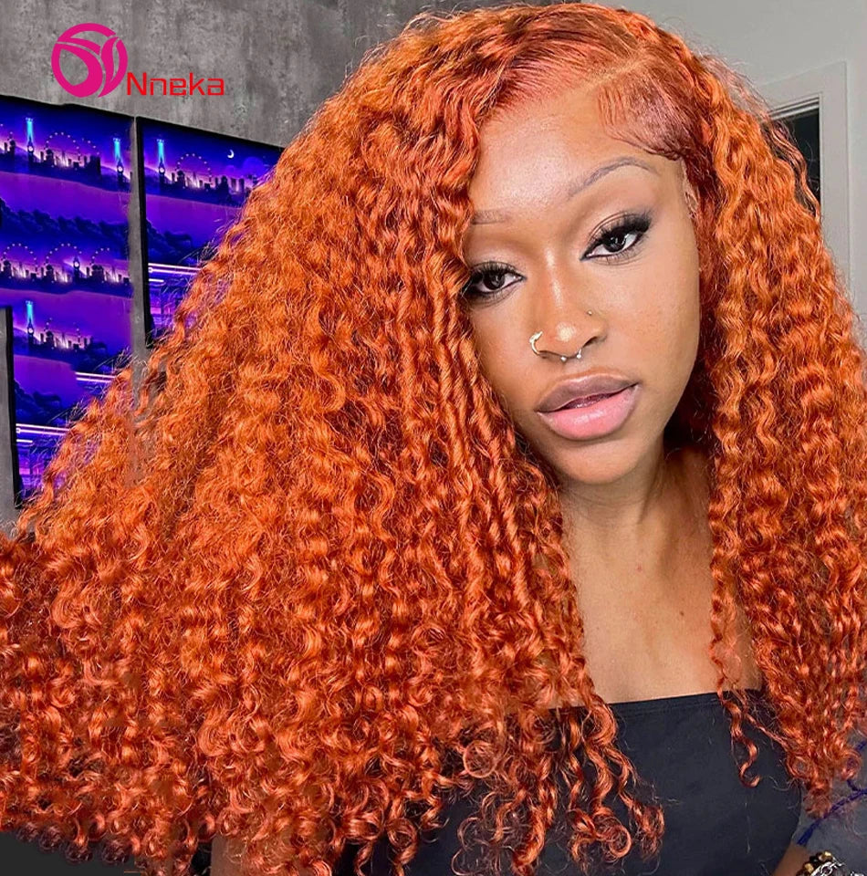 Ginger Orange Curly HD Lace Wig – 26” Voluminous Human Hair