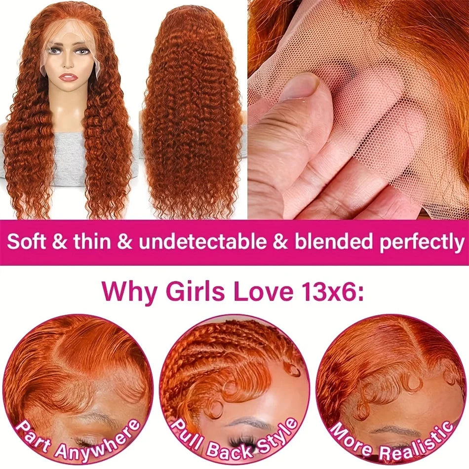 Ginger Orange Curly HD Lace Wig – 26” Voluminous Human Hair