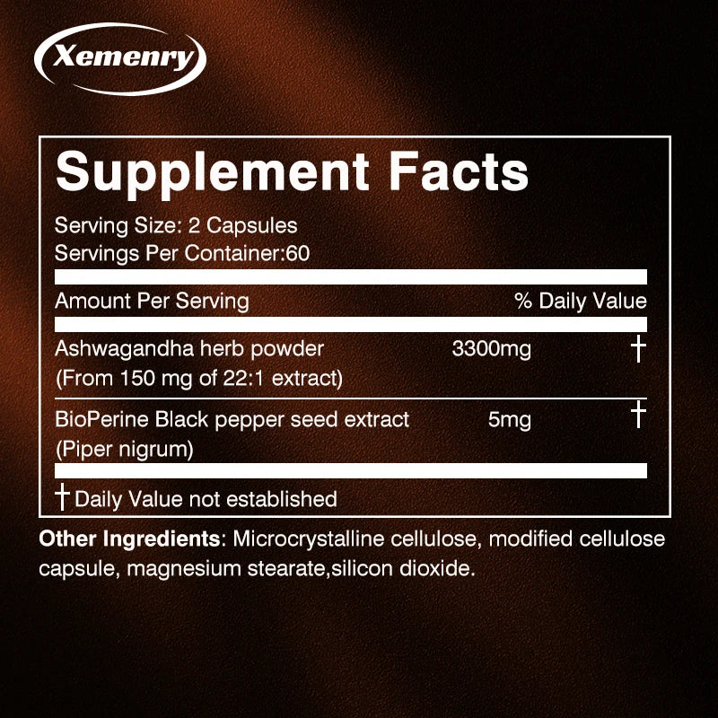 Xemenry Ashwagandha Capsules with Bioperine – Stress Relief, Mood & Sleep Support, Cognitive Boost (120 Capsules)