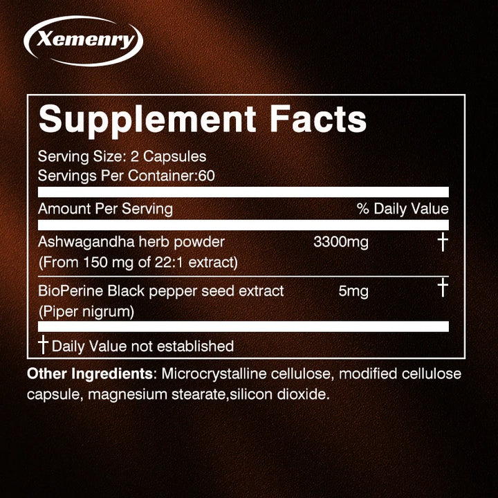 Xemenry Ashwagandha Capsules with Bioperine – Stress Relief, Mood & Sleep Support, Cognitive Boost (120 Capsules)