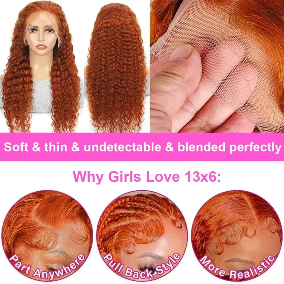 Ginger Orange Curly HD Lace Wig – 26” Voluminous Human Hair