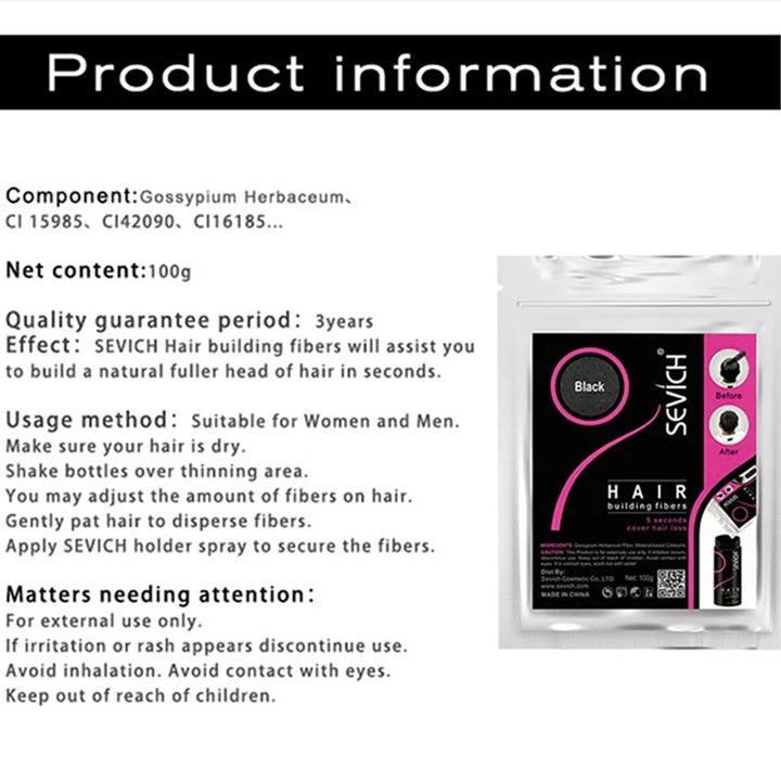 Sevich Hair Building Fibers Refill – 100g | Instant Thicker, Fuller Hair | 10 Colors | Keratin Hair Loss & Thinning Solution