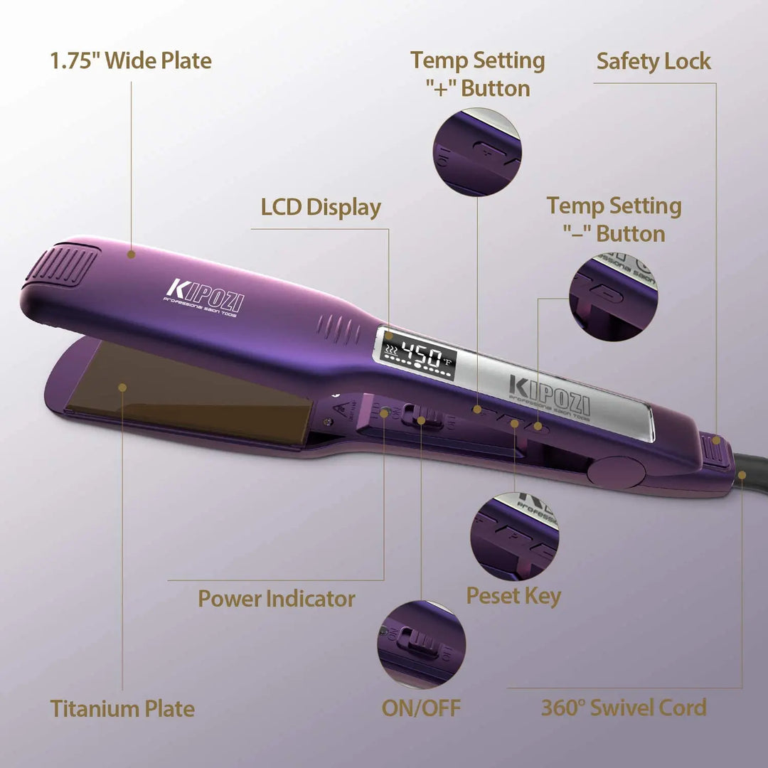 KIPOZI TitanGlide 1.75” Professional Flat Iron – Fast-Heating Wide Plate Hair Straightener for Thick & Curly Hair