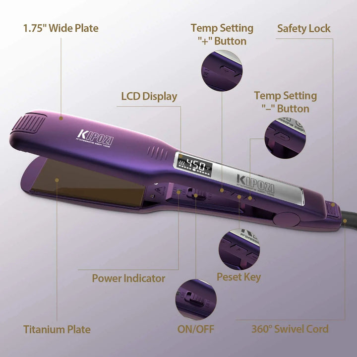 KIPOZI TitanGlide 1.75” Professional Flat Iron – Fast-Heating Wide Plate Hair Straightener for Thick & Curly Hair
