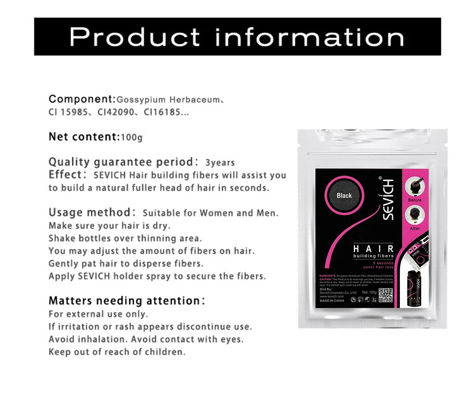 Sevich Hair Building Fibers Refill – 100g | Instant Thicker, Fuller Hair | 10 Colors | Keratin Hair Loss & Thinning Solution