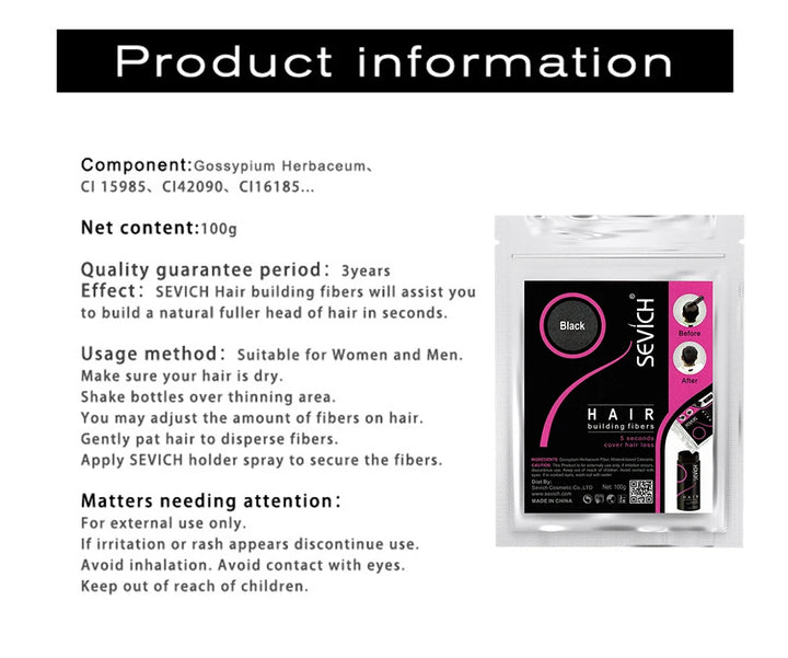 Sevich Hair Building Fibers Refill – 100g | Instant Thicker, Fuller Hair | 10 Colors | Keratin Hair Loss & Thinning Solution
