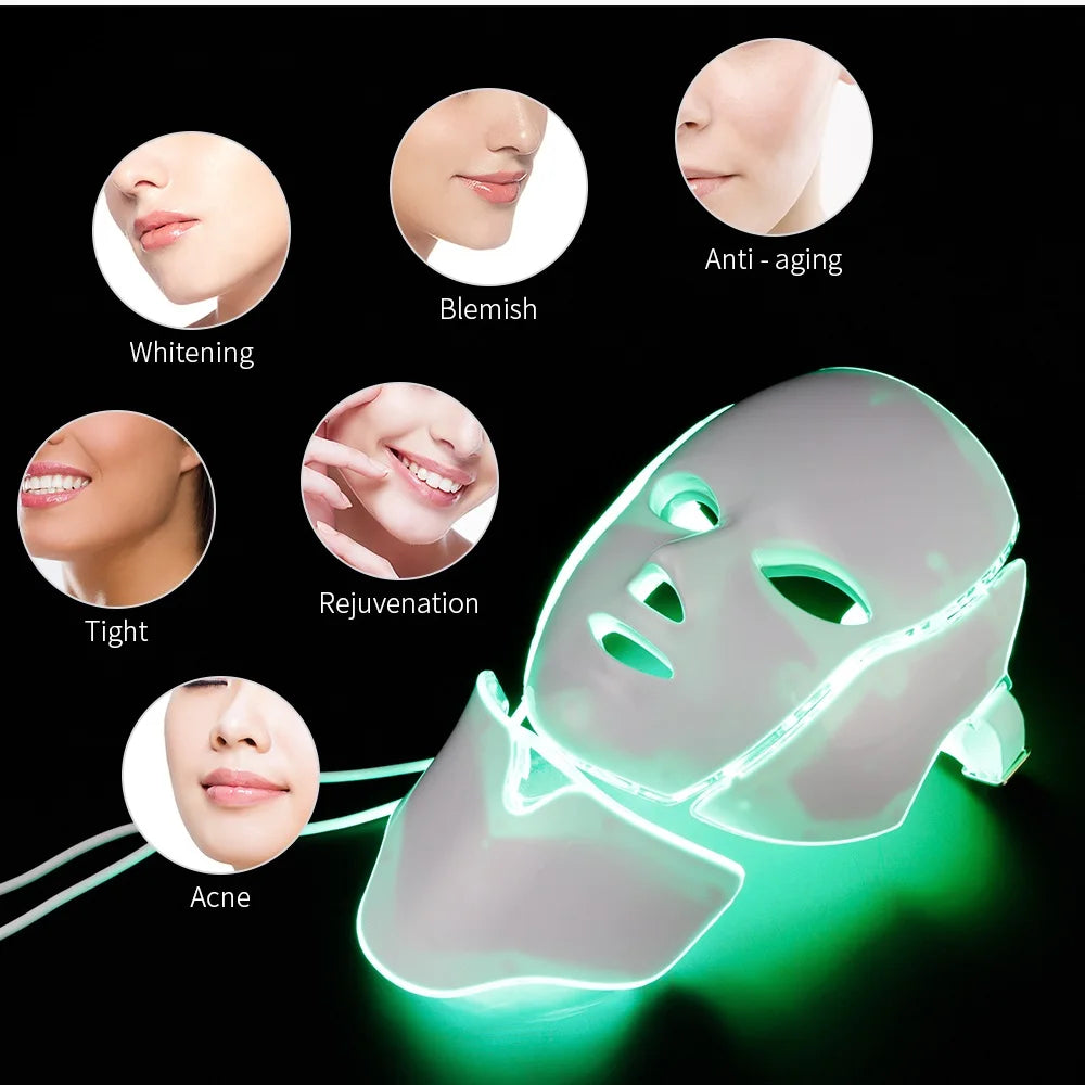 7-Color LED Light Therapy Mask with Neck Treatment – Skin Rejuvenation, Anti-Aging, Acne Therapy & Whitening Device