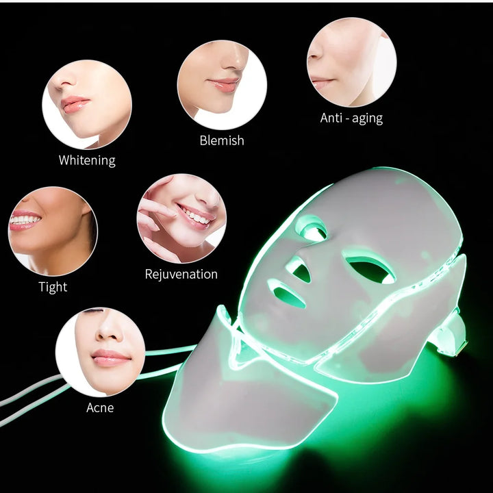 7-Color LED Light Therapy Mask with Neck Treatment – Skin Rejuvenation, Anti-Aging, Acne Therapy & Whitening Device