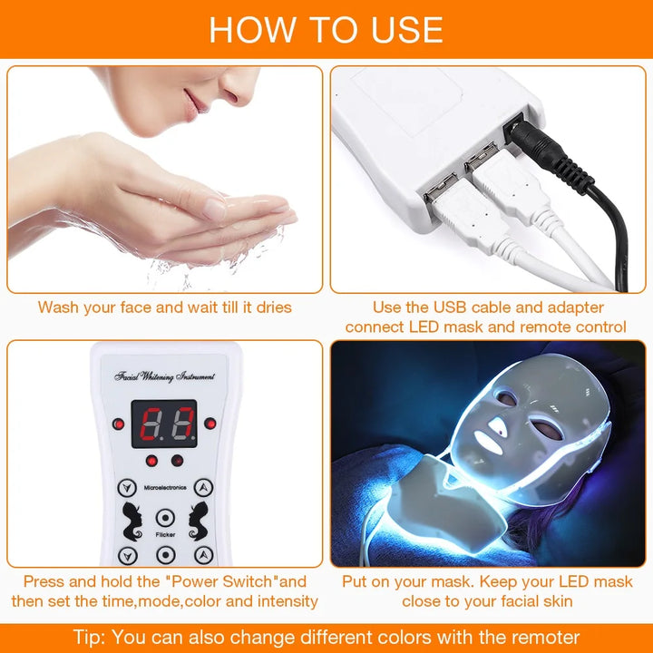 7-Color LED Light Therapy Mask with Neck Treatment – Skin Rejuvenation, Anti-Aging, Acne Therapy & Whitening Device