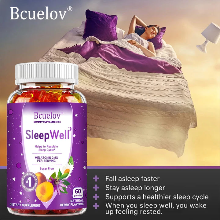 Bcuelov Sleep Gummies – Melatonin, Passionflower, Chamomile & Lemon Extract – Fight Insomnia, Relieve Stress, Support Immunity (60 Gummies)