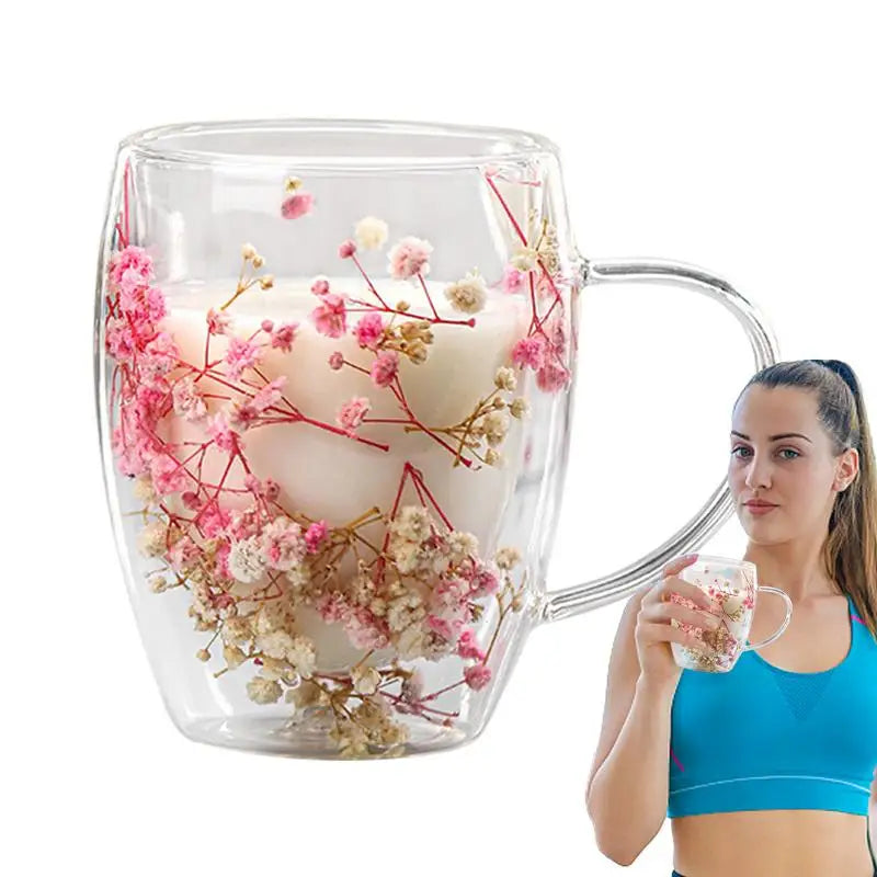 BlossomGlow Double Wall Glass Mug – 350ml Dried Flower Infusion