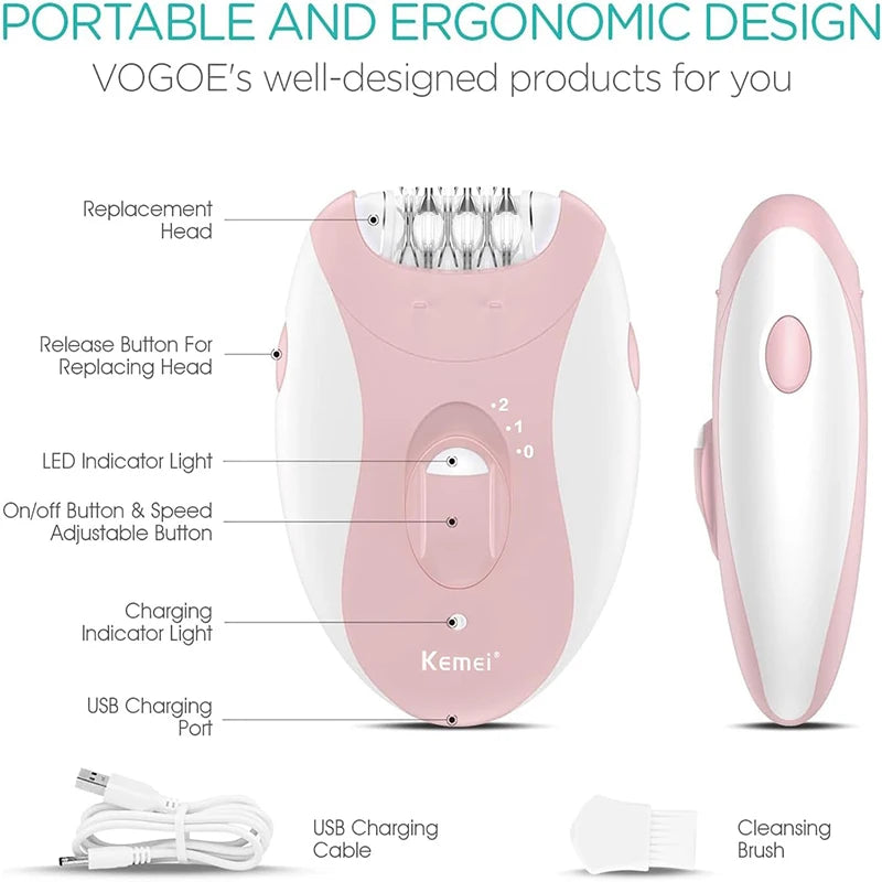 Kemei Women’s Electric Epilator – Rechargeable Hair Removal for Face, Body, Bikini, Legs & Underarms