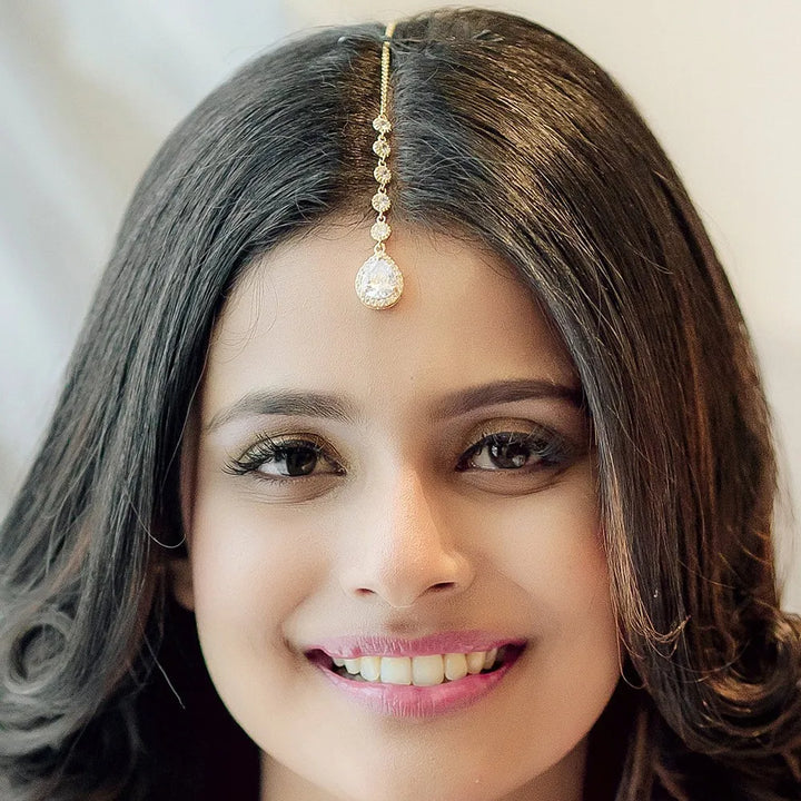 Stonefans Luxe Teardrop Maang Tikka – Boho Bridal Forehead & Hair Chain