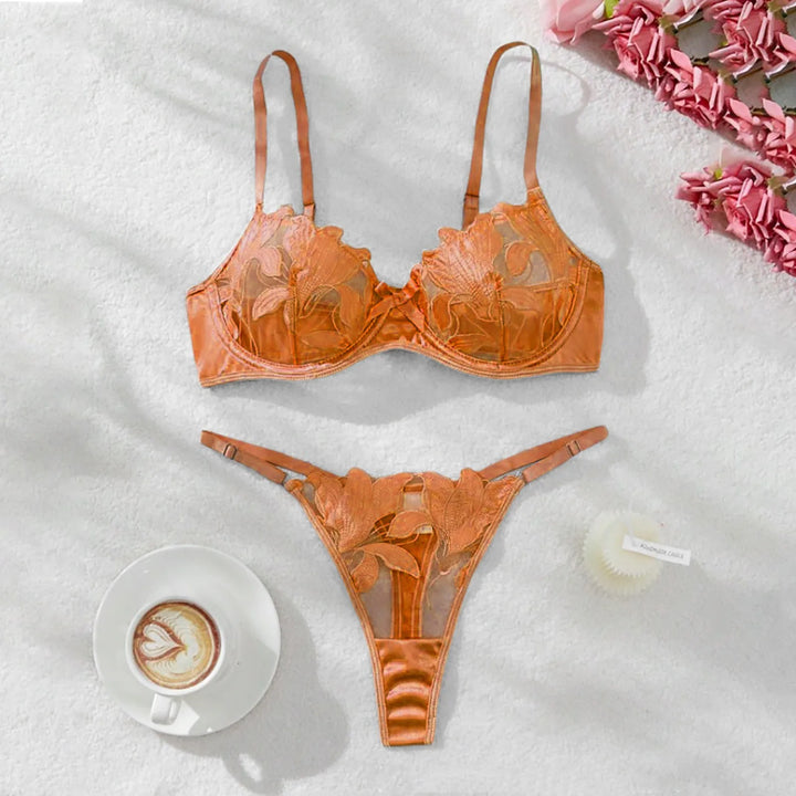 2-Piece Embroidered Lace Lingerie Set – Satin & Mesh Elegance