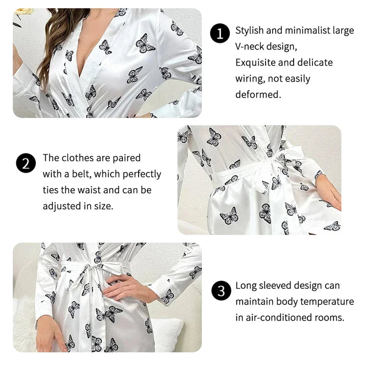 Women's Satin Nightdress Kimono Robes Bathrobes Sexy Sleepwear V Neck Long Sleeve Pajamas Loose Nightgowns Nightie Pyjama Female