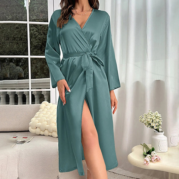 New Female Robe Black Kimono Bathrobe Gown With Belt Sexy V-Neck Nightgown Sleepwear High Split A-Line Silk Satin Home Dresses