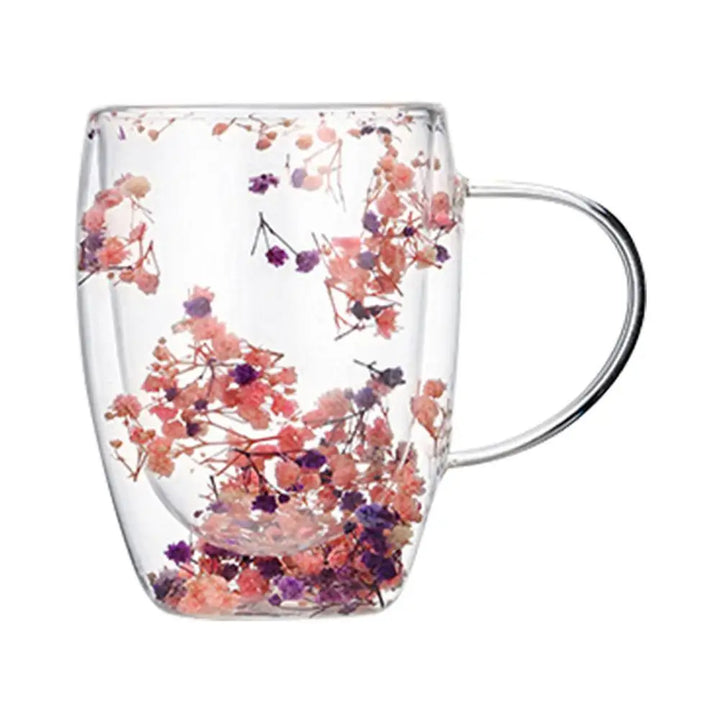 BlossomGlow Double Wall Glass Mug – 350ml Dried Flower Infusion