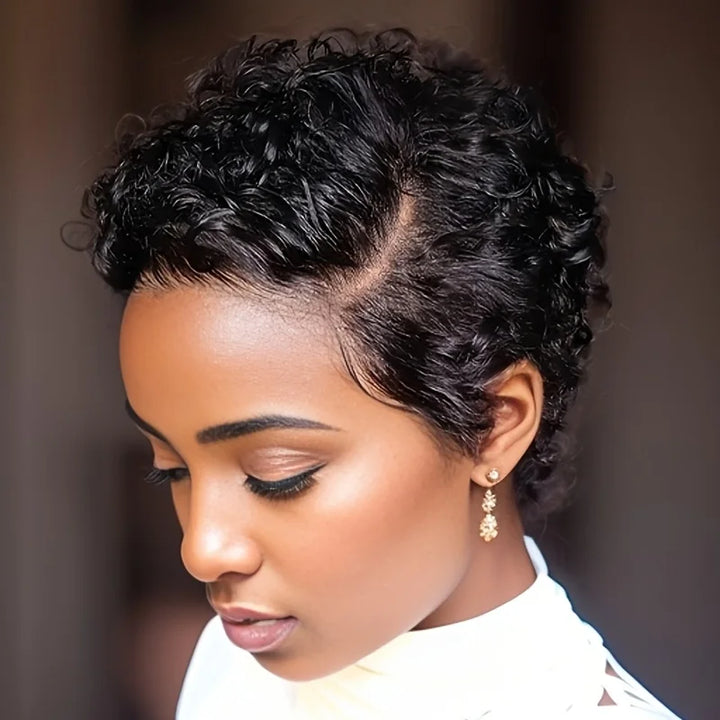 Curly Grace Lace Pixie – 6” Natural Black Curly Human Hair Wig