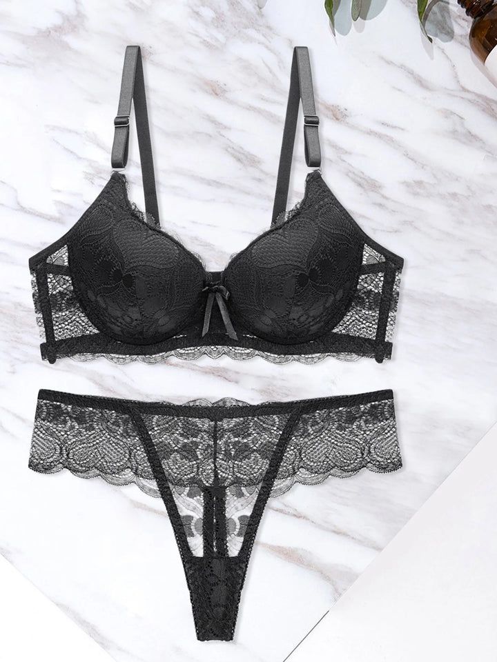 EmpowerEase Seductive Lace Lingerie Set – Sheer Mesh Bra & Panty with Garter Belt