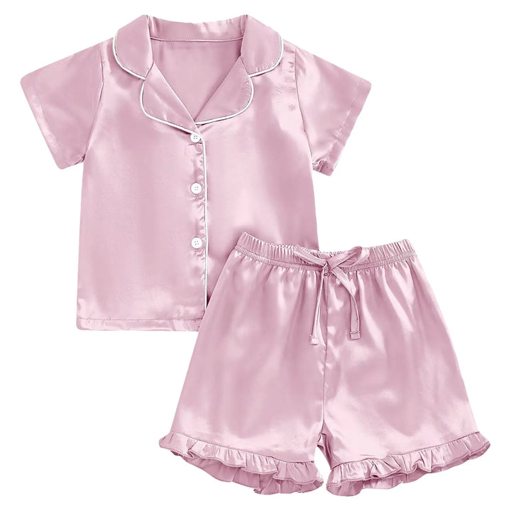 FeatherDreams™ Toddler Satin Pajama Set – Short Sleeve with Feather Trim  For Ages 1–13 Years | Lightweight, Silky & Adorable