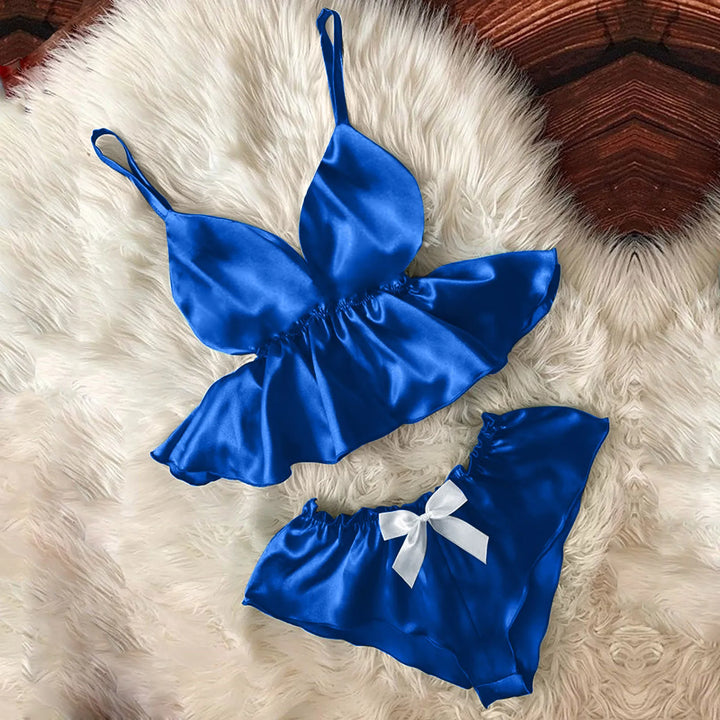 Sexy V-Neck Ruffle Pajama Set – Satin Camisole with Bowknot & Eyelash Lace Shorts