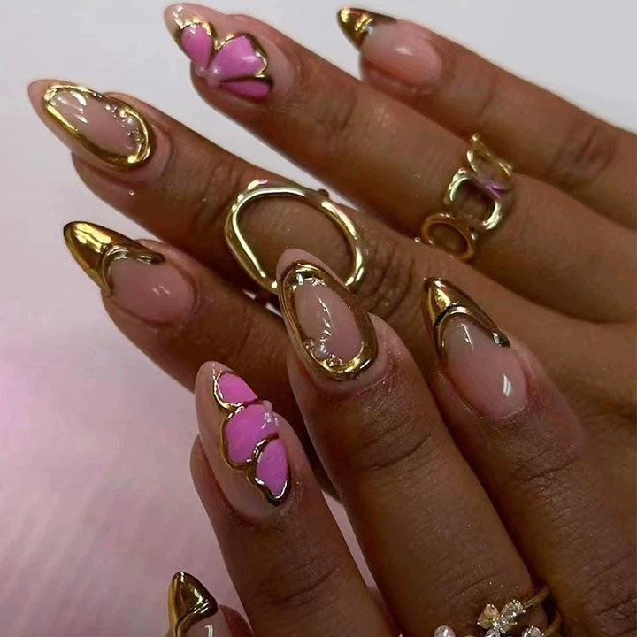 Pink Almond Butterfly Ballet False Nails – 24pcs French Design Press-On Set