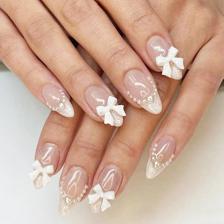 Mid-length French Press-on Nails with Silver Heart Accent – Gentle Pink & White Fade-resistant Artificial Nails – 24pcs