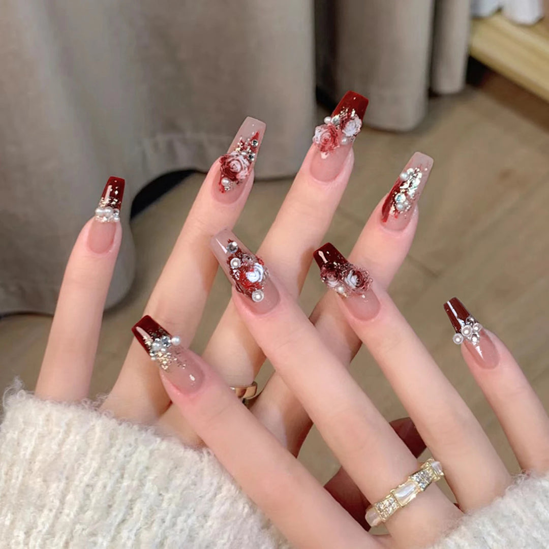 24pcs French Coffin Press-On Nails – White Tips with Star Pattern & Rhinestones, Reusable Resin False Nails for Women & Girls