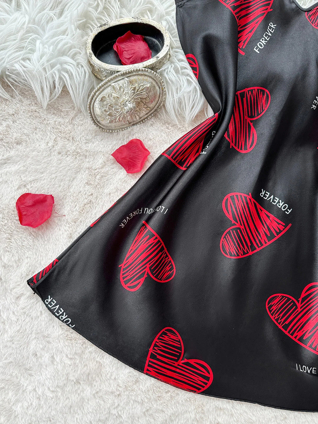 Midnight Kiss™ Satin Slip Nightdress  Red Lip Print Backless Mini Sleepwear