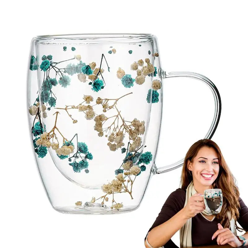 BlossomGlow Double Wall Glass Mug – 350ml Dried Flower Infusion