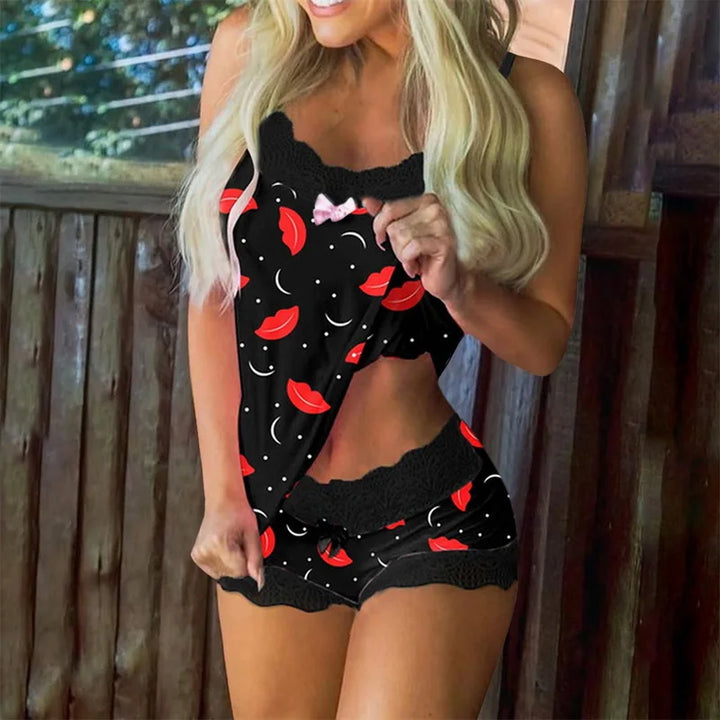 Butterfly Print Pajama Set – Women’s Satin Cami & Shorts Two-Piece Nightwear