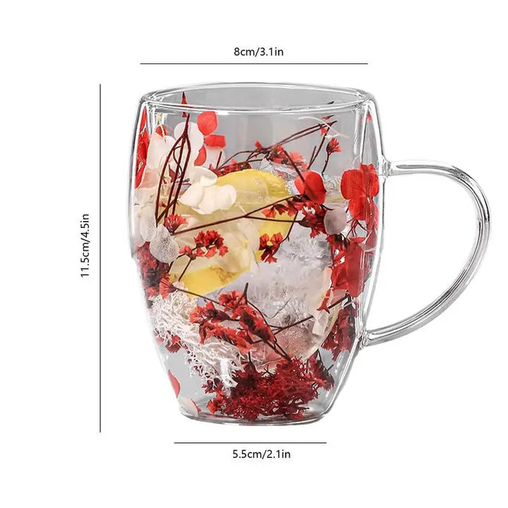 BlossomGlow Double Wall Glass Mug – 350ml Insulated Elegance