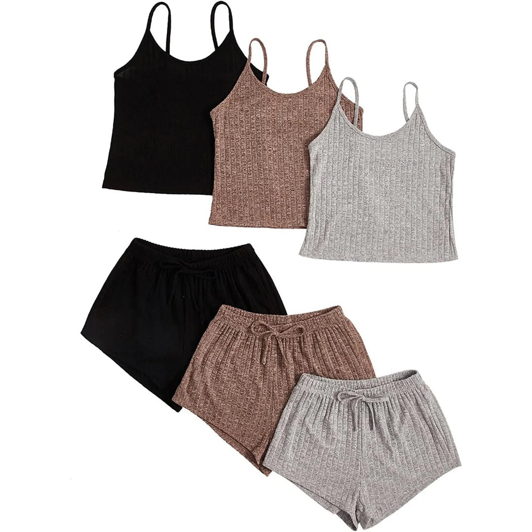 DreamEase™ 3-Piece Ribbed Pajama Set – Crop Top, Tie-Front Shorts & Lounge Pants