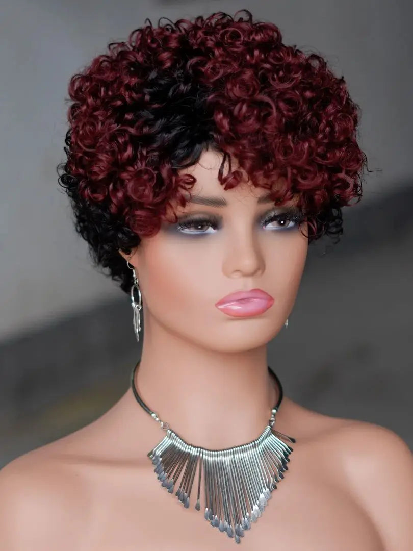 Crimson Spiral Pixie – 6” Curly Human Hair Wig with Bangs