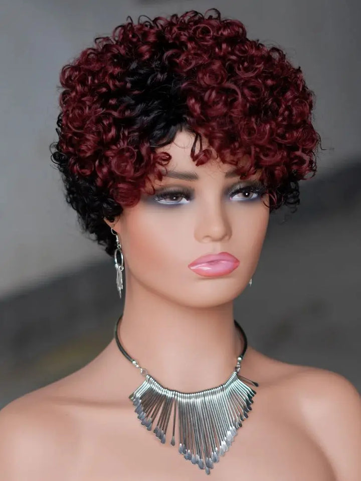 Crimson Spiral Pixie – 6” Curly Human Hair Wig with Bangs