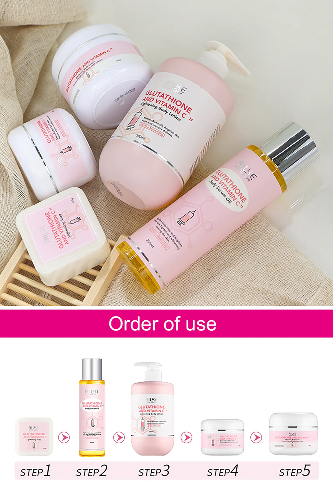 AILKE Luxe Brightening & Moisturizing Body Care Set – Glutathione, Vitamin C & Shea Butter