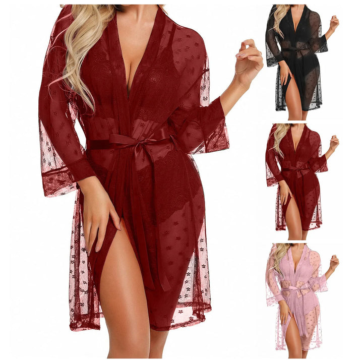 3-Piece Sheer Lace Lingerie Set with Kimono Robe – Bra, Panty & Robe for Women