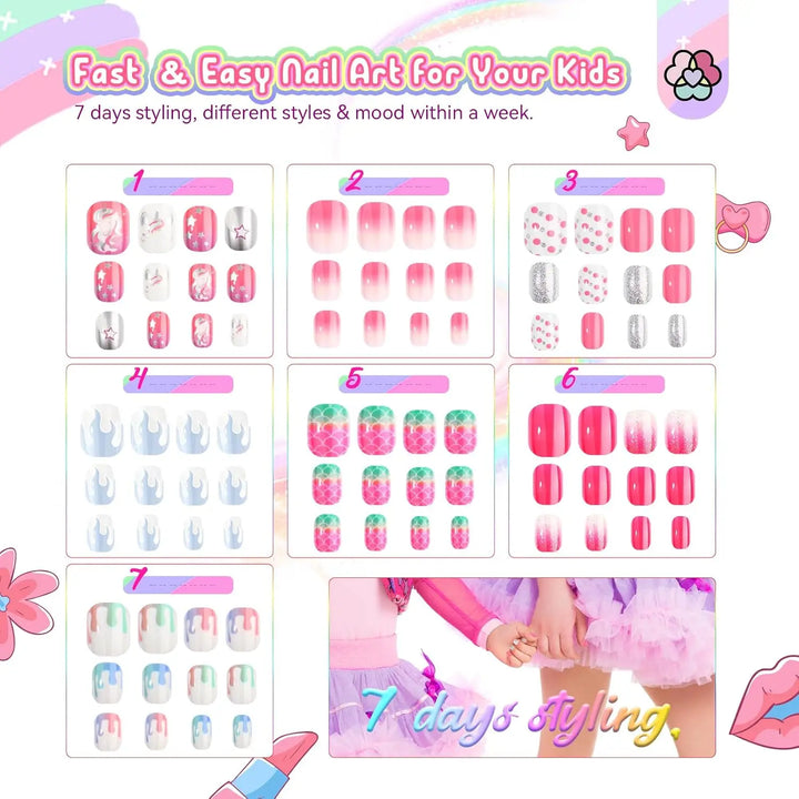 168Pcs Kids Press-On Nails – 7 Pack Glitter Gradient Star Design, Short Acrylic Tips, Pre-Glued for Easy Application – Christmas & Birthday Gift Set for Girls Ages 8–12