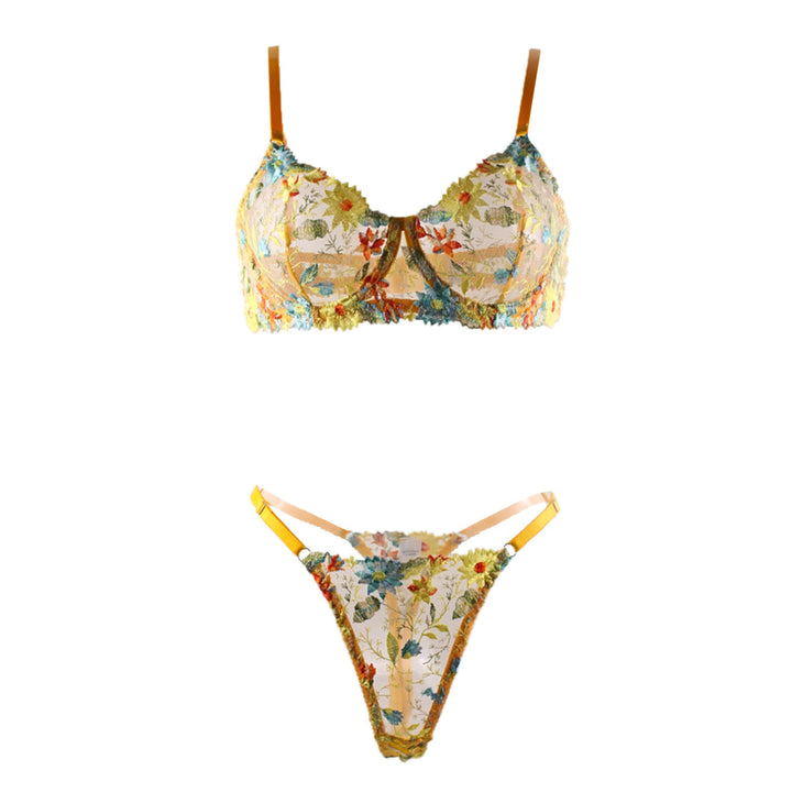 Golden Bloom – Sheer Yellow Flower Embroidered Lingerie Set