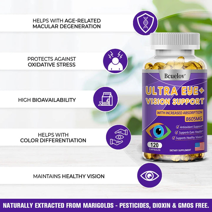 Bcuelov Advanced Eye Vitamin Supplement – Vision Support with Lutein & Bilberry for Macular Health, Dry Eyes & Night Vision – 120 Capsules