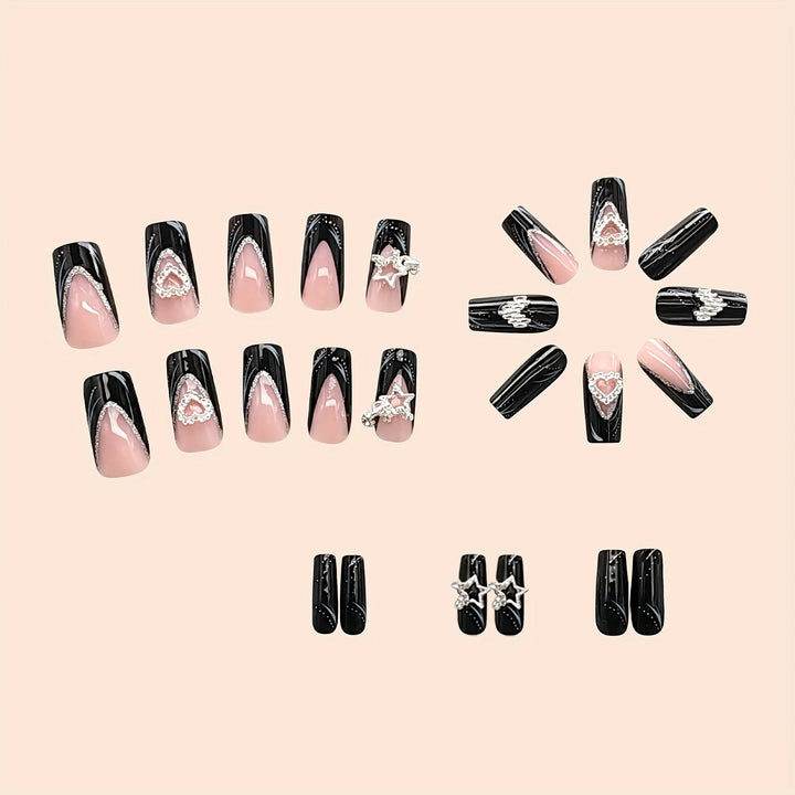 Elegant 24pc Black Glossy French Tips – Square Acrylic Press-On Nails with Glitter & Stripe Design – Includes Jelly Glue & Nail File