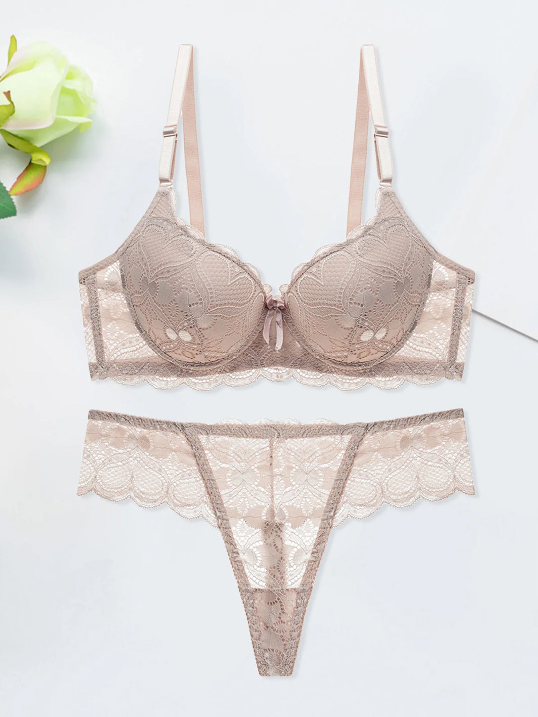 EmpowerEase Seductive Lace Lingerie Set – Sheer Mesh Bra & Panty with Garter Belt