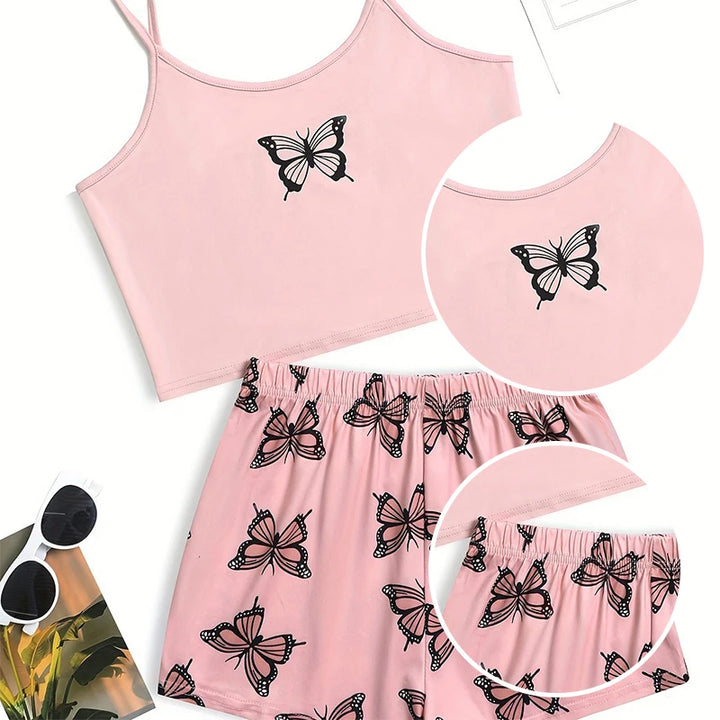 Women’s Butterfly Camouflage Pajama Set – Spaghetti Strap Cami & Shorts Two-Piece Loungewear