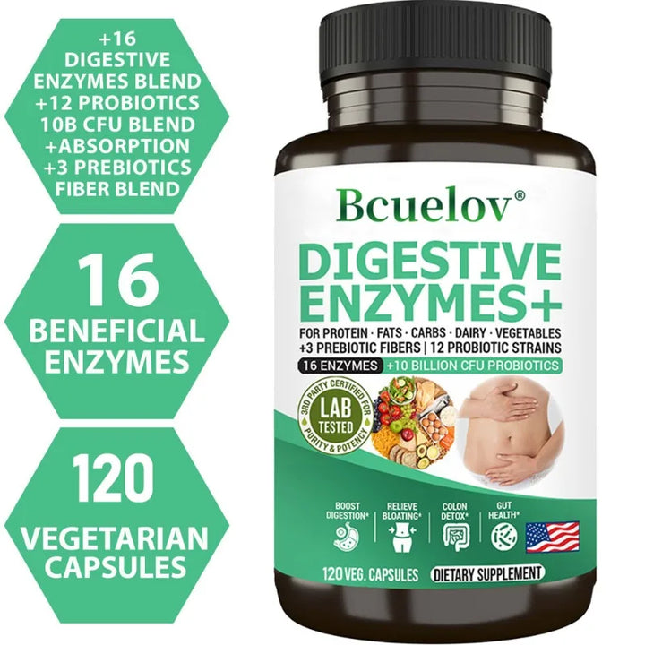 Bcuelov Probiotics + Prebiotics & Digestive Enzymes – Gut Health, Gas Relief & Nutrient Absorption (120 Capsules)