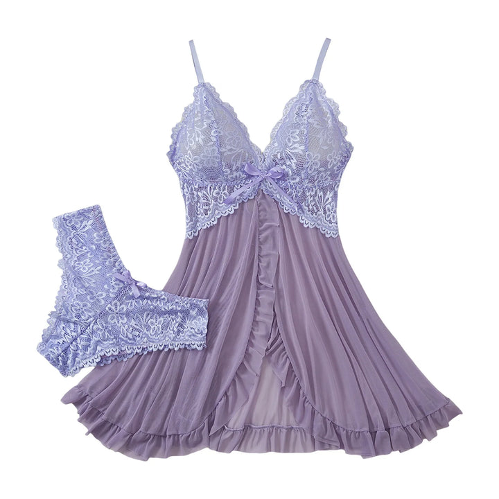 Fashion Sexy Lace Chiffon Mesh Nightdress Lingerie Set – Backless, Breathable & Elegant