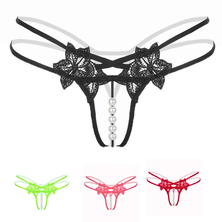 LustLuxe™ Pearl Beaded Crotchless G-String – Erotic Lace Temptation Thong for Women