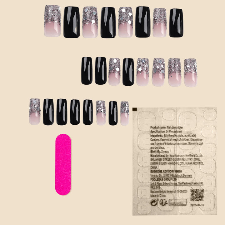 24pcs Black & Nude Squoval Nail Tips – Long Square Ombre Artificial Nails – Removable Resin Manicure Set