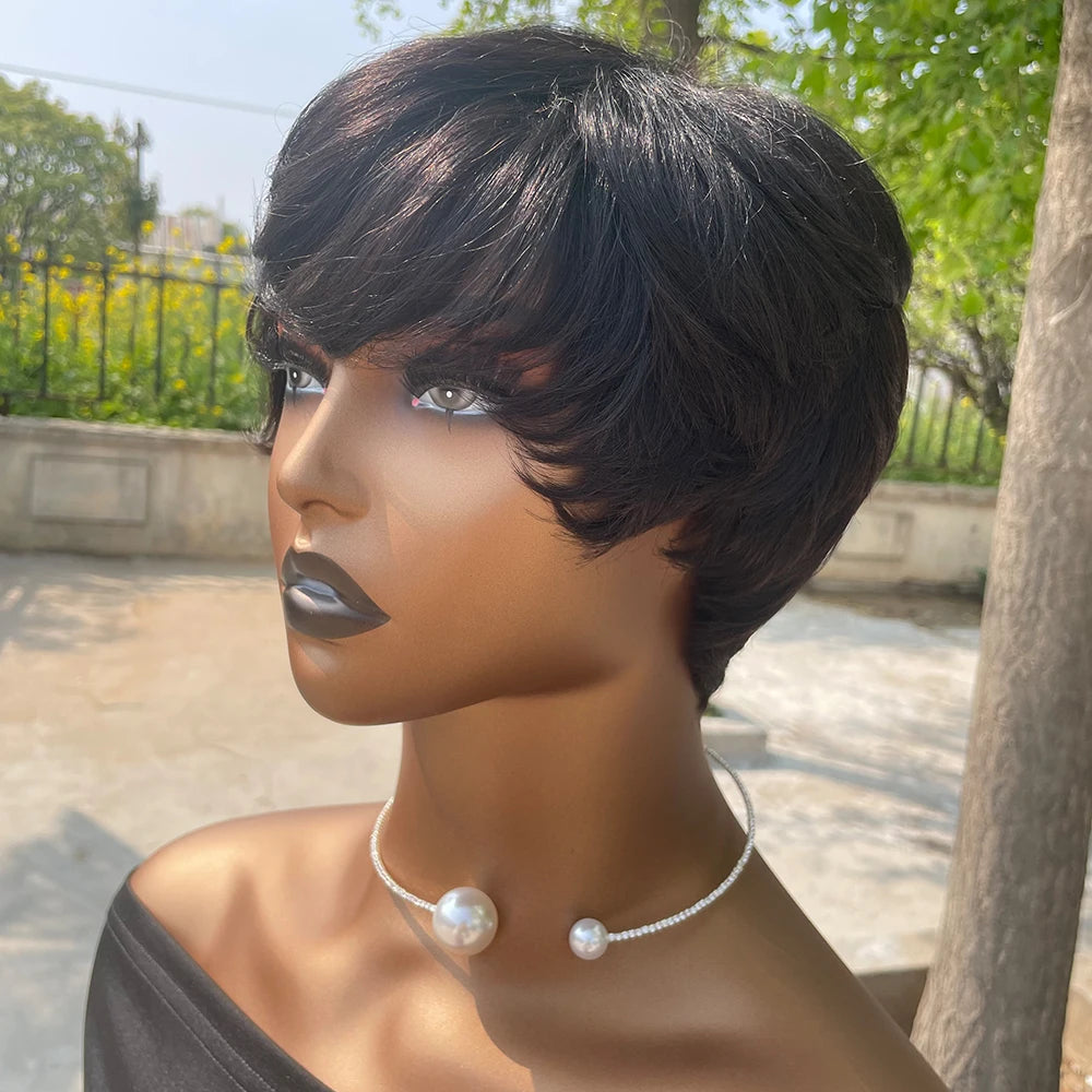 Chic Pixie Cut Wig – 100% Human Hair with Soft Bangs
